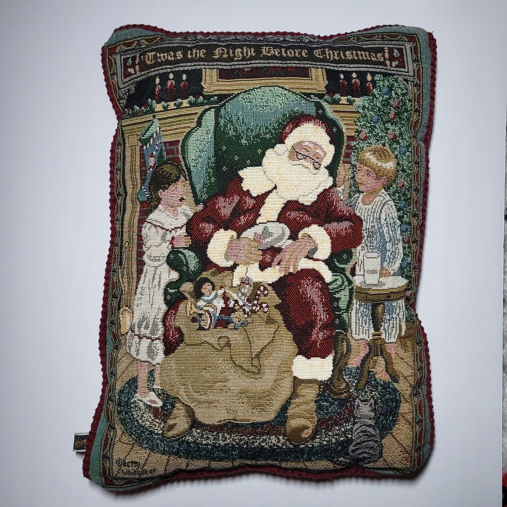 Betty Whitaker Christmas Tapestry Throw Pillow with Sleeping Santa Design